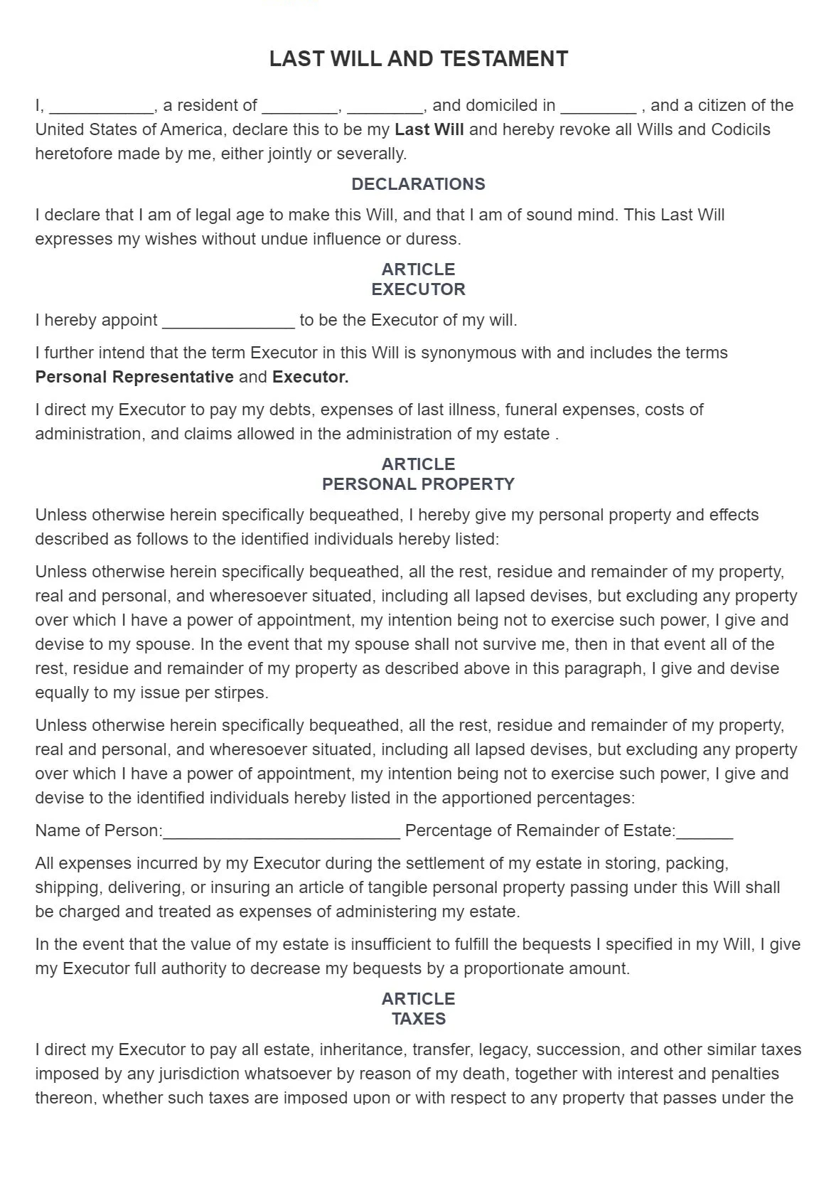 Last Will And Testament - Pdfsimpli with Printable Do It Yourself Wills For All 50 States