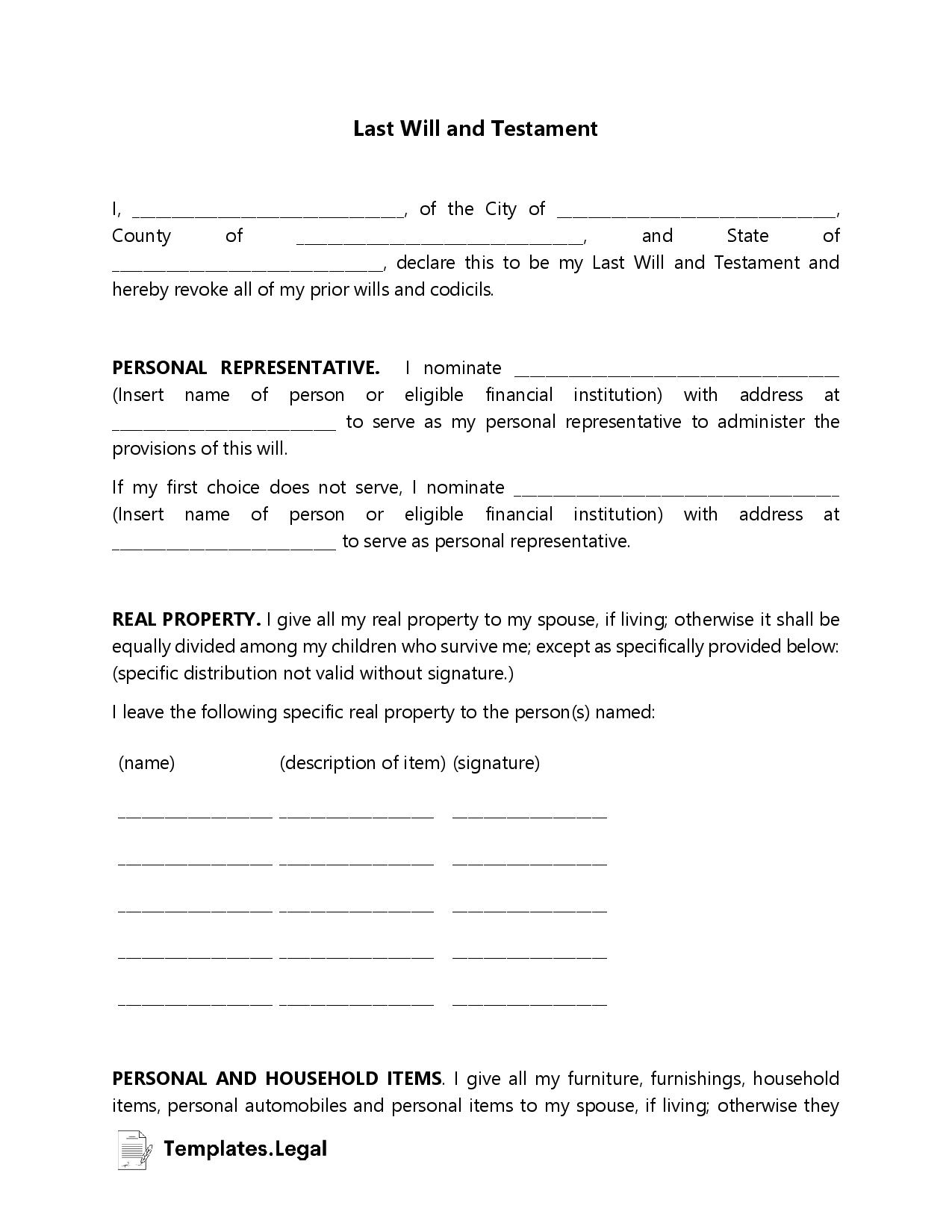Last Will And Testament Templates [Word, Pdf, Odt] - Templates.legal intended for Free Printable Will Forms