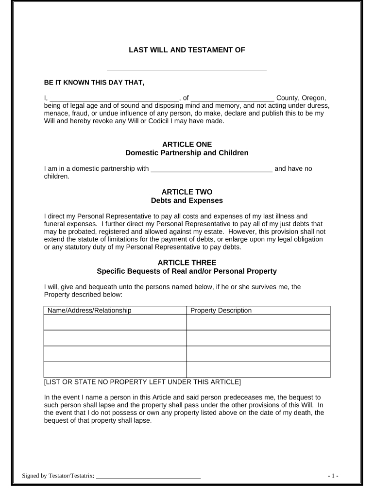 Legal Last Will And Testament Form For A Domestic Partner With No within Printable Oregon Blank Will Forms