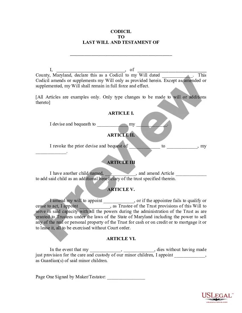 Maryland Codicil To Will Form For Amending Your Will - Last Will with Printable Maryland Blank Will Forms