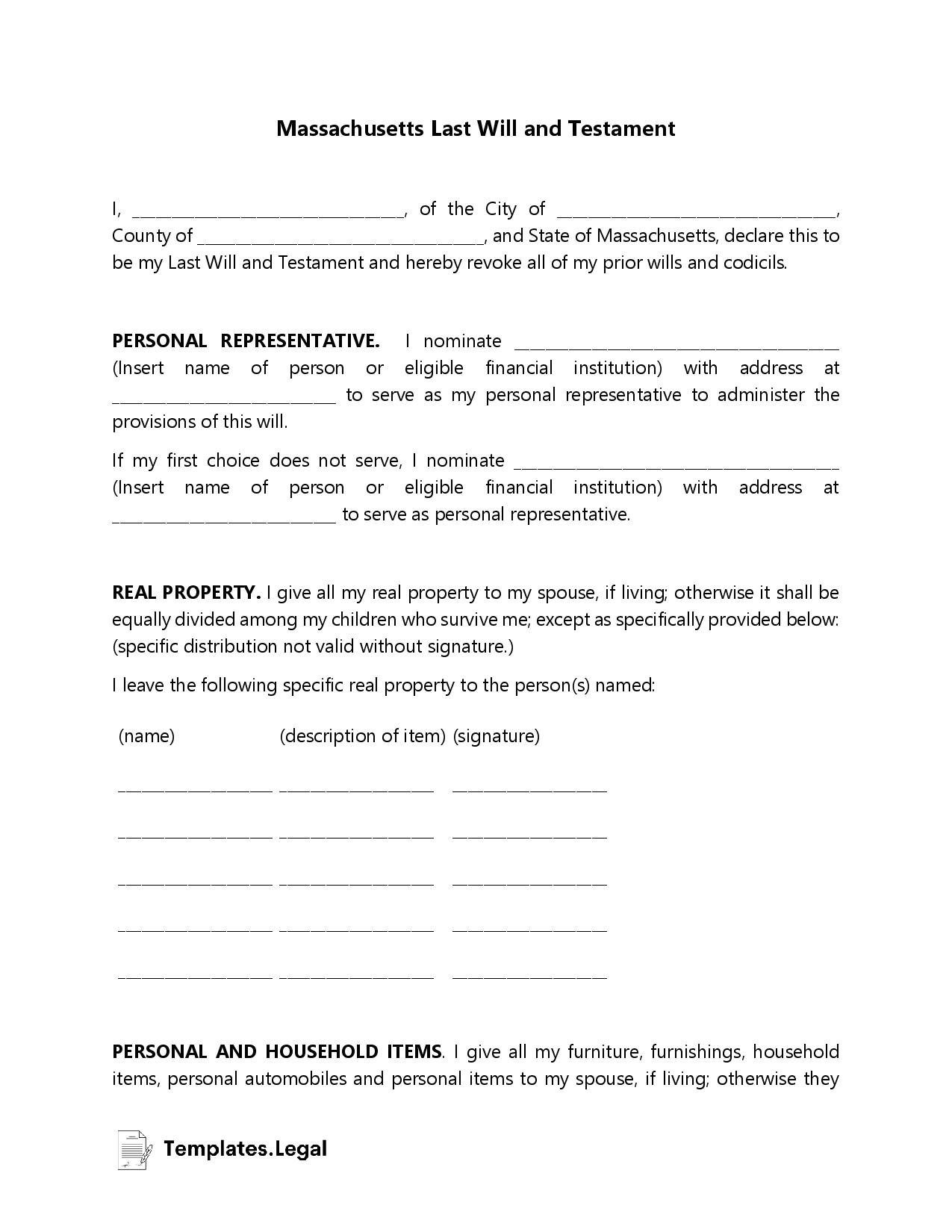 Massachusetts Last Will And Testament Templates (Free) [Word, Pdf in Printable Massachusetts Blank Will Forms
