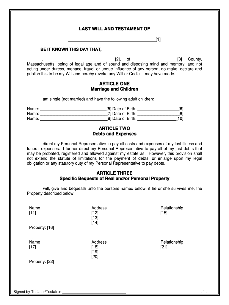 Massachusetts Will Template - Fill Online, Printable, Fillable with Printable Massachusetts Blank Will Forms