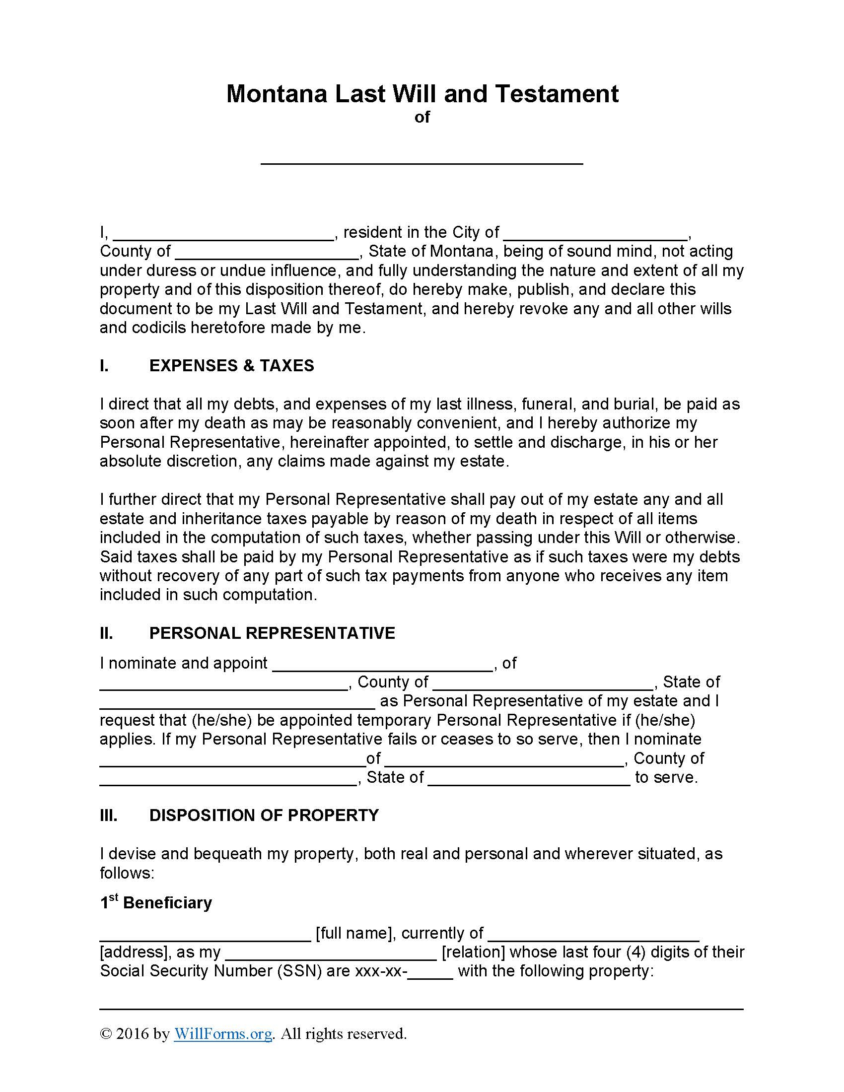 Montana Last Will And Testament Form - Will Forms : Will Forms with regard to Printable Montana Blank Will Forms