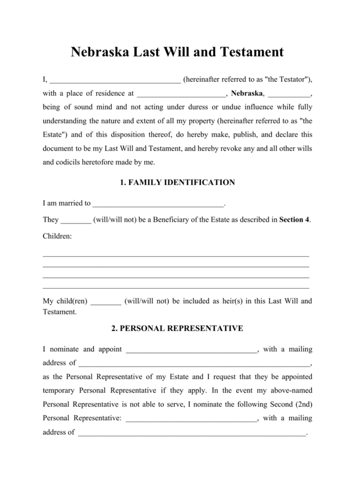 Printable Nebraska Blank Will Forms