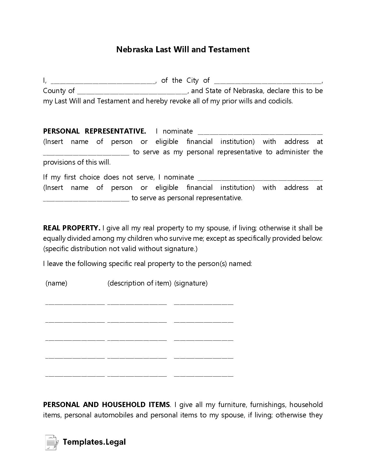 Nebraska Last Will And Testament Templates (Free) [Word, Pdf, Odt] regarding Printable Nebraska Blank Will Forms