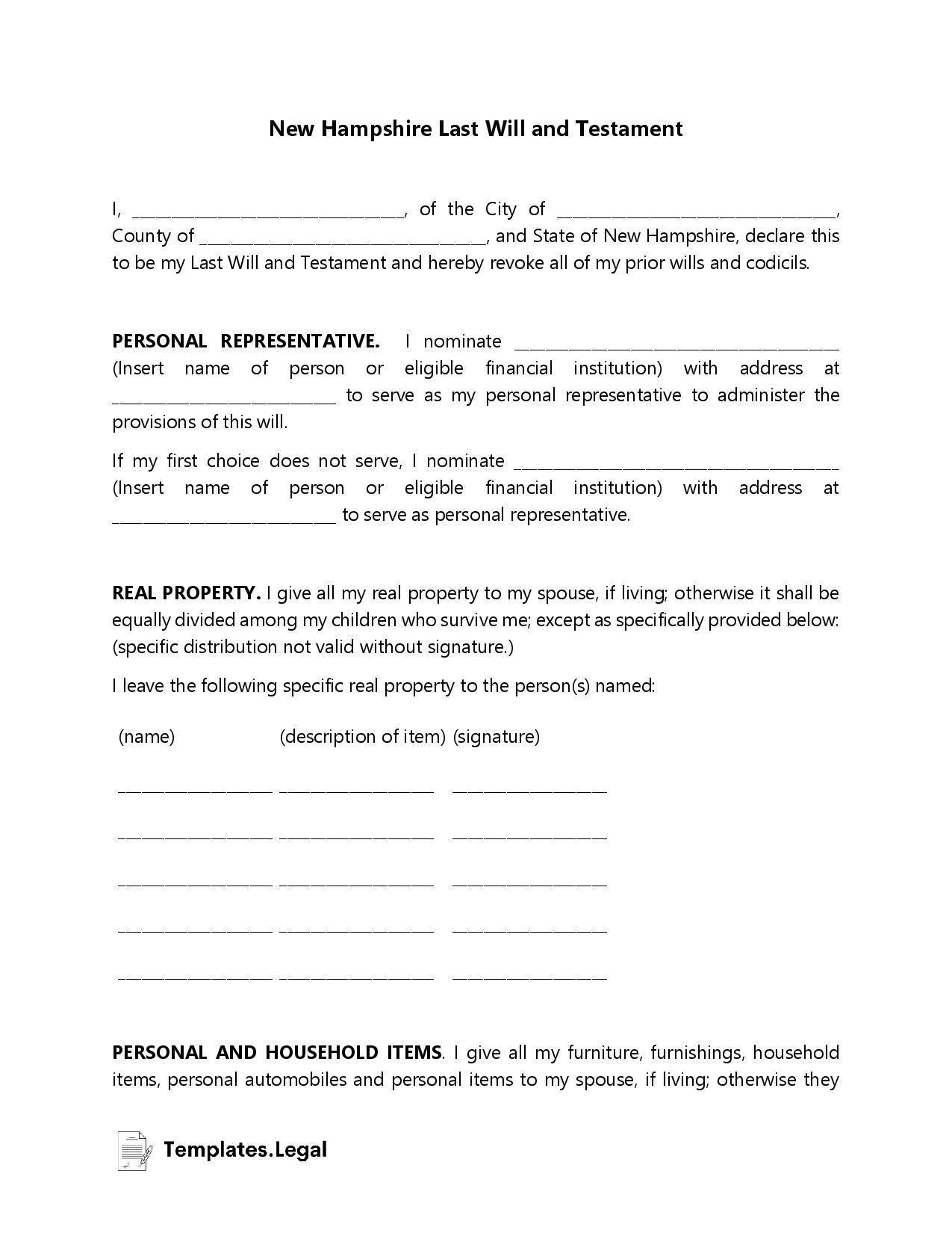New Hampshire Last Will And Testament Templates (Free) [Word, Pdf with regard to Printable New Hampshire Blank Will Forms