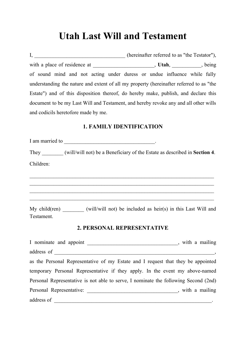Utah Last Will And Testament Template Download Printable Pdf throughout Printable Utah Blank Will Forms